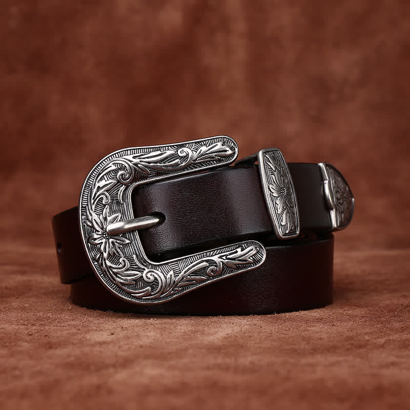 Ceinture étroite en cuir de style occidental avec boucle sculptée rétro