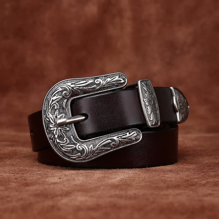 Ceinture étroite en cuir de style occidental avec boucle sculptée rétro