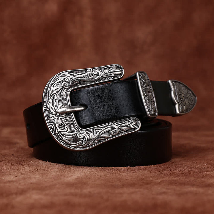 Ceinture étroite en cuir de style occidental avec boucle sculptée rétro