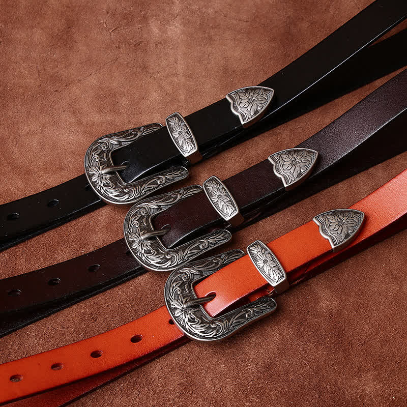 Ceinture étroite en cuir de style occidental avec boucle sculptée rétro