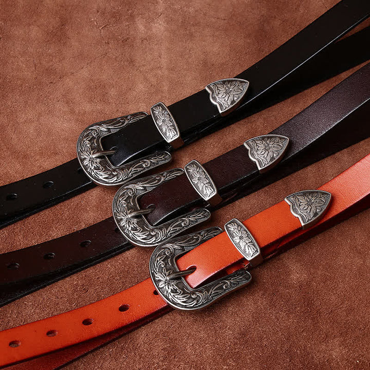 Ceinture étroite en cuir de style occidental avec boucle sculptée rétro