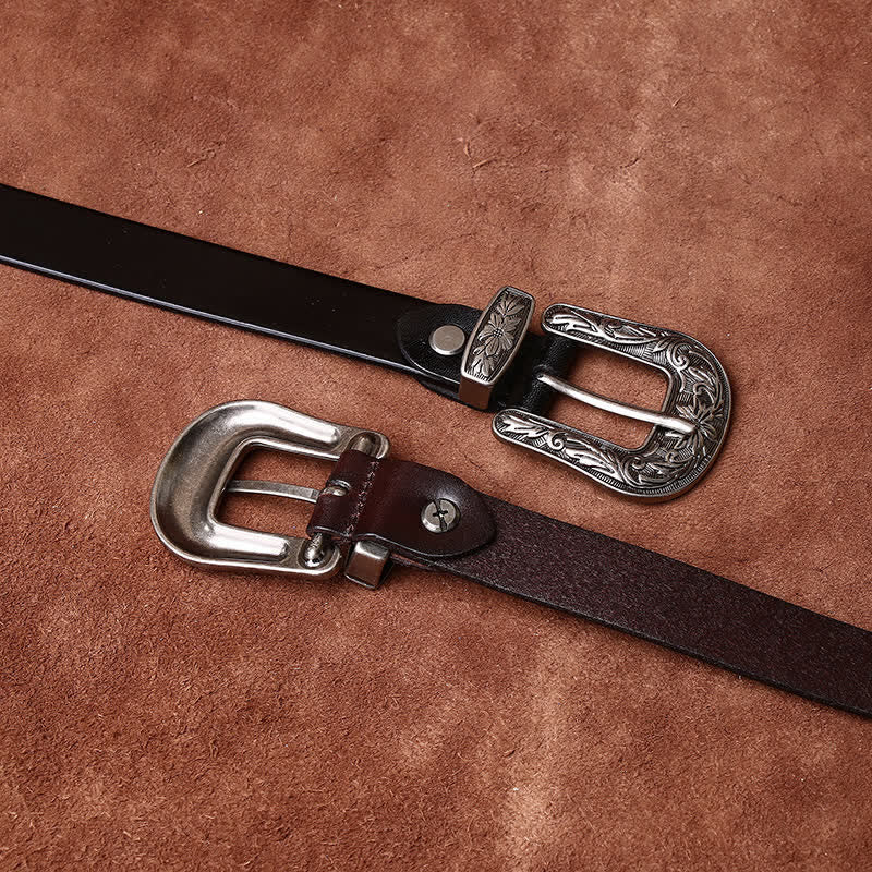 Ceinture étroite en cuir de style occidental avec boucle sculptée rétro