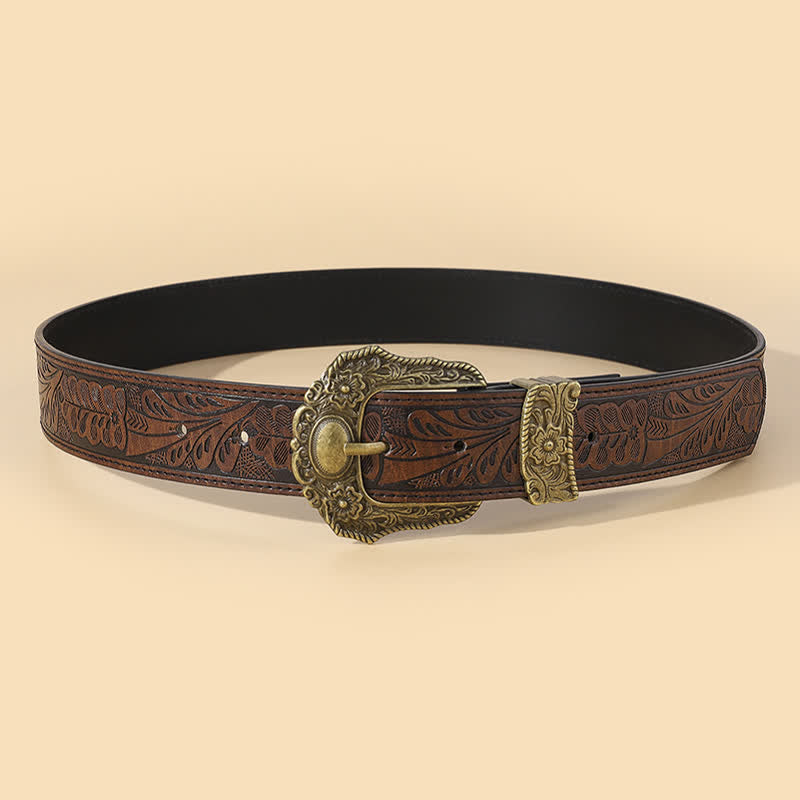 Ceinture en cuir à motif floral bohème avec boucle sculptée en bronze