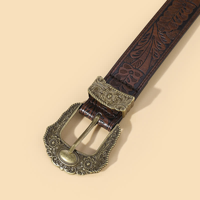 Ceinture en cuir à motif floral bohème avec boucle sculptée en bronze