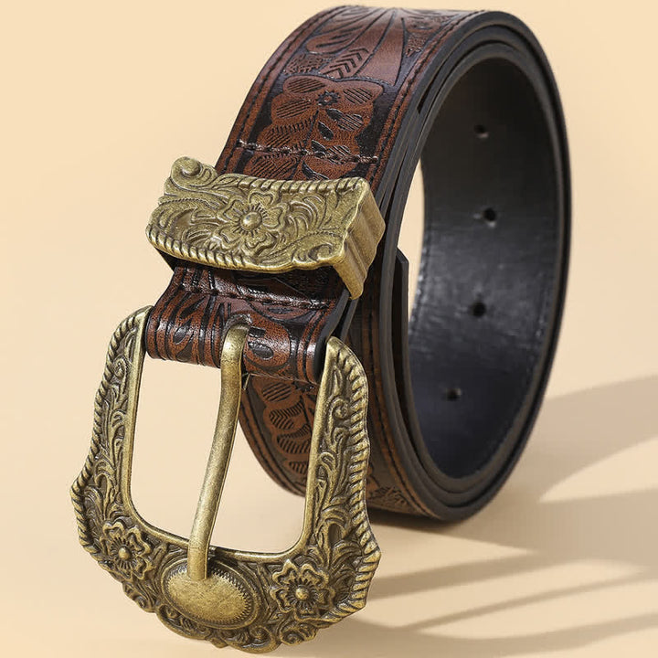 Ceinture en cuir à motif floral bohème avec boucle sculptée en bronze