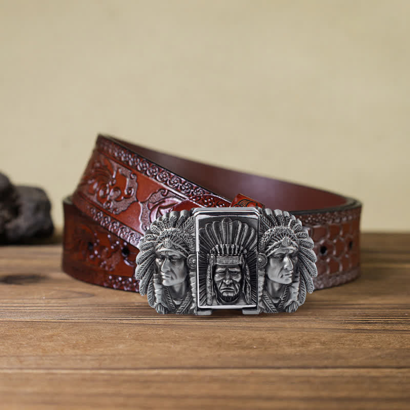 Ceinture en cuir pour homme avec tête de chef indien et briquet caché