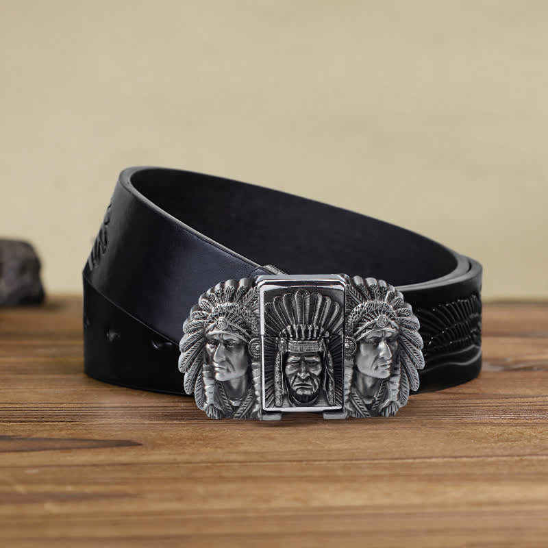 Ceinture en cuir pour homme avec tête de chef indien et briquet caché