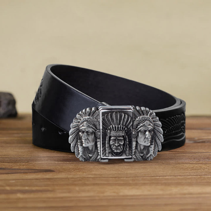 Ceinture en cuir pour homme avec tête de chef indien et briquet caché