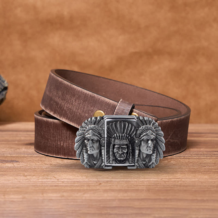 Ceinture en cuir pour homme avec tête de chef indien et briquet caché