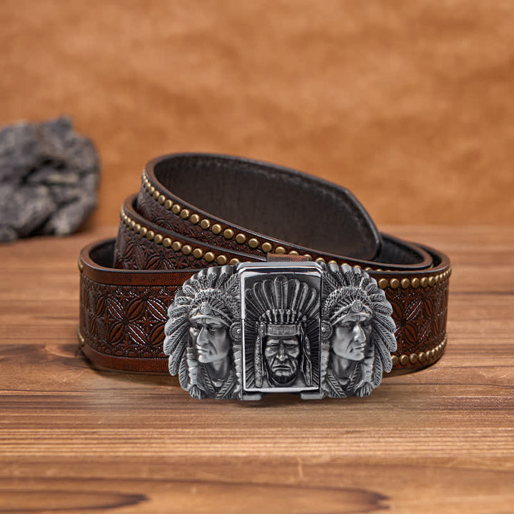 Ceinture en cuir pour homme avec tête de chef indien et briquet caché