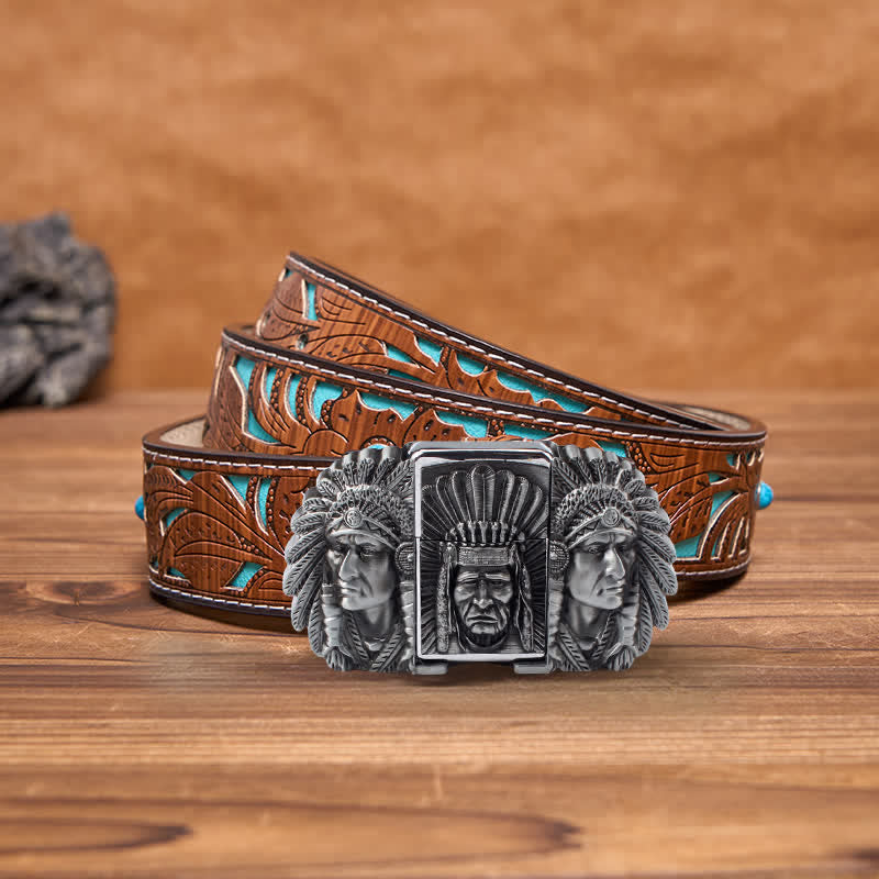 Ceinture en cuir pour homme avec tête de chef indien et briquet caché