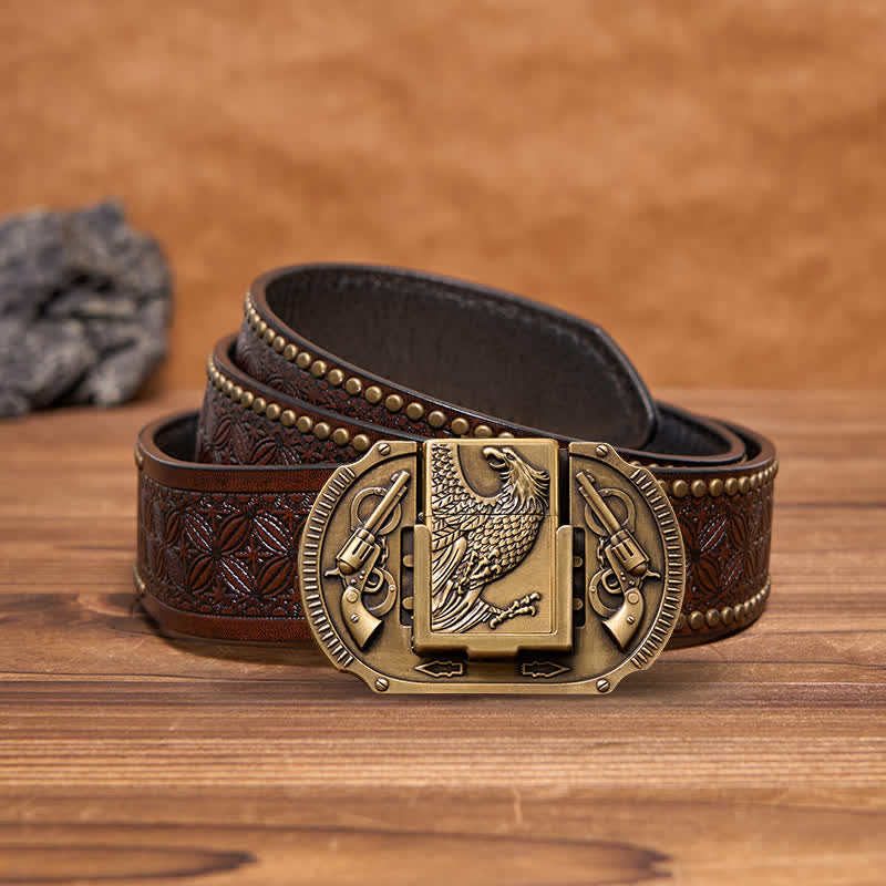 Ceinture en cuir pour homme avec pistolets en bronze et briquet caché - Aigle - Ceinture à rivets marron - 42 - image 6