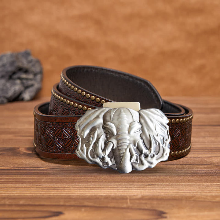 Ceinture en cuir d'éléphant argenté pour homme avec briquet caché - Éléphant - Ceinture à rivets marron - 42 - image 6