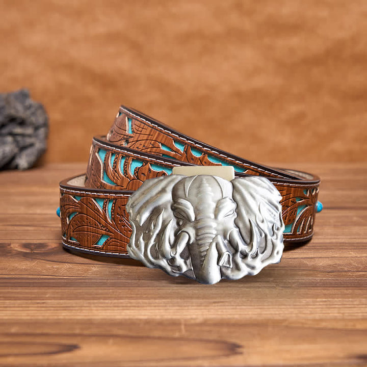 Ceinture en cuir d'éléphant argenté pour homme avec briquet caché - Éléphant - Ceinture sculptée en turquoise - 42 - image 5