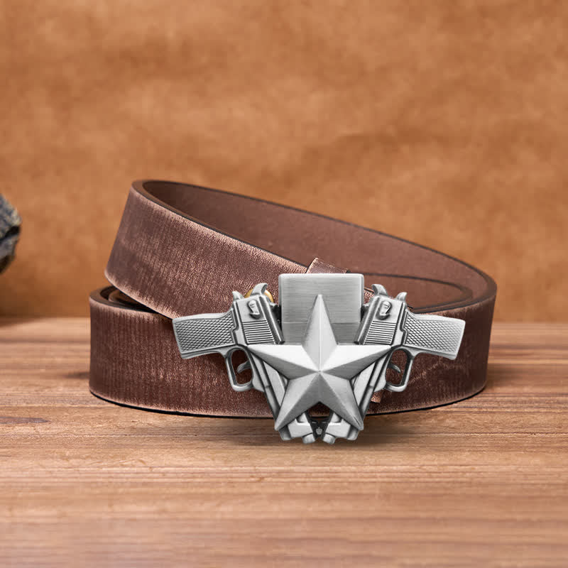 Ceinture en cuir pour homme avec pistolets doubles et étoile et briquet caché