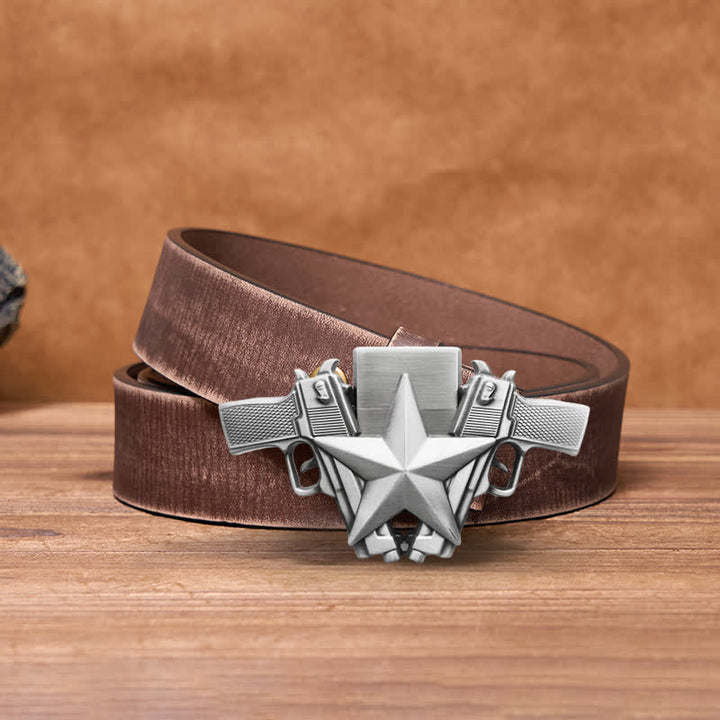 Ceinture en cuir pour homme avec pistolets doubles et étoile et briquet caché