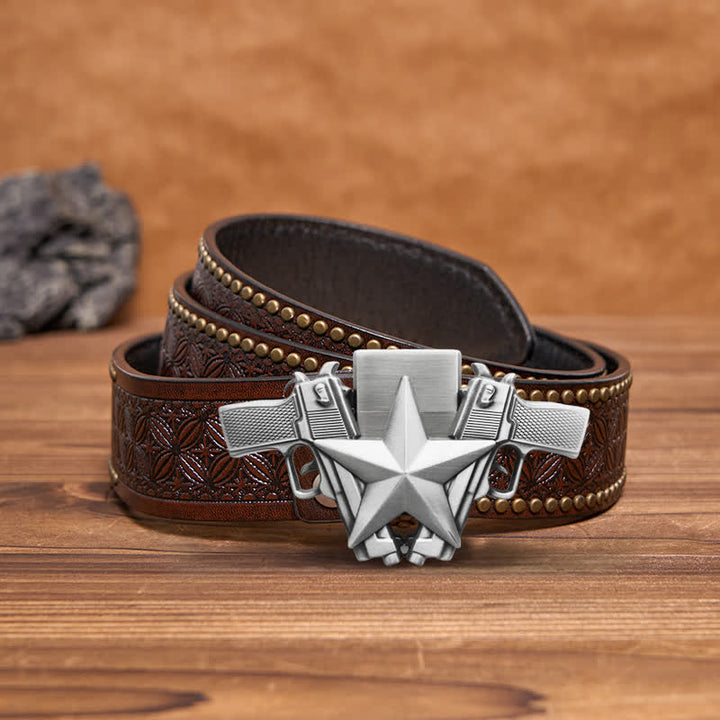 Ceinture en cuir pour homme avec pistolets doubles et étoile et briquet caché