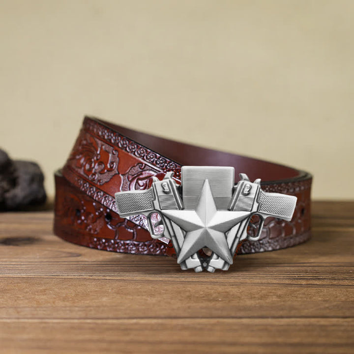 Ceinture en cuir pour homme avec pistolets doubles et étoile et briquet caché