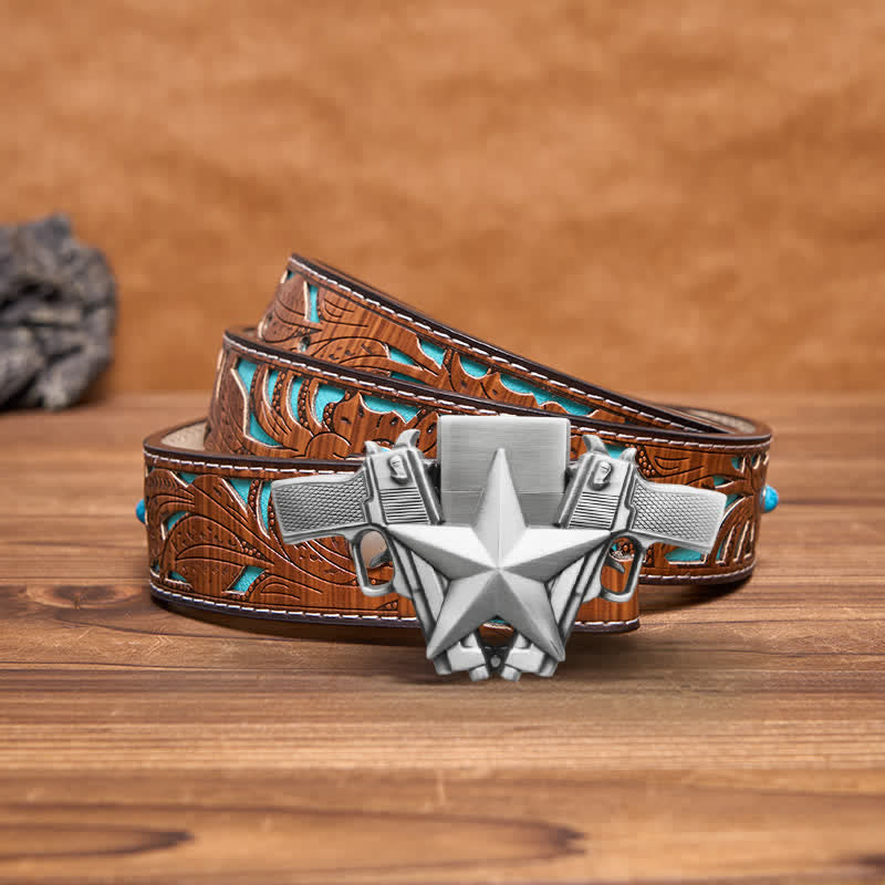 Ceinture en cuir pour homme avec pistolets doubles et étoile et briquet caché