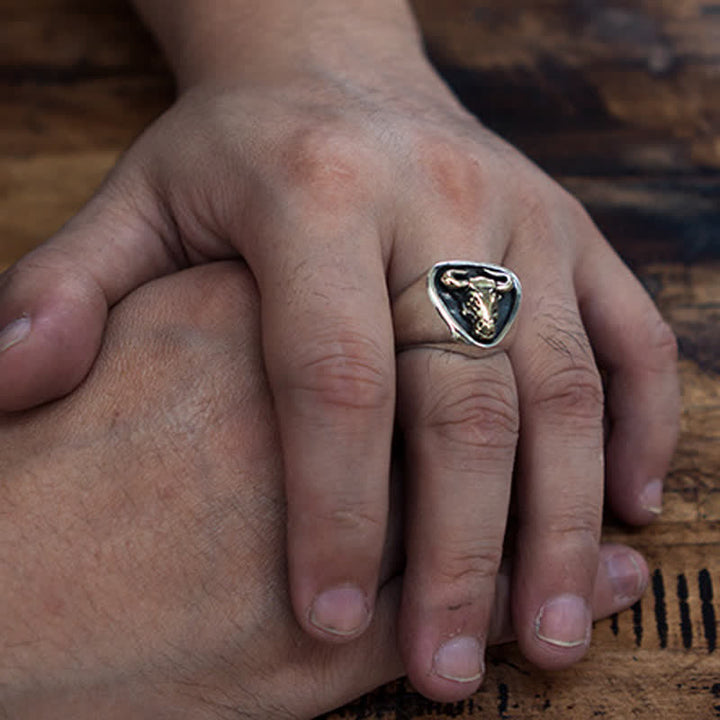 Bague ajustable à ouverture pour homme avec motif de taureau et de cheval dominant