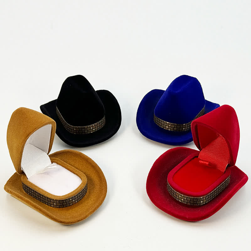 Boîte à bagues en velours avec joli chapeau de cowboy occidental