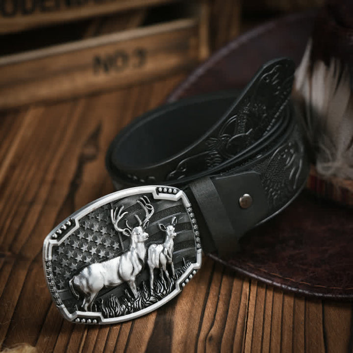 Ceinture en cuir à motif gaufré avec drapeau décoratif en forme de cerf