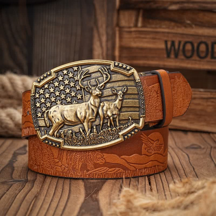 Ceinture en cuir à motif gaufré avec drapeau décoratif en forme de cerf