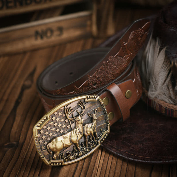 Ceinture en cuir à motif gaufré avec drapeau décoratif en forme de cerf