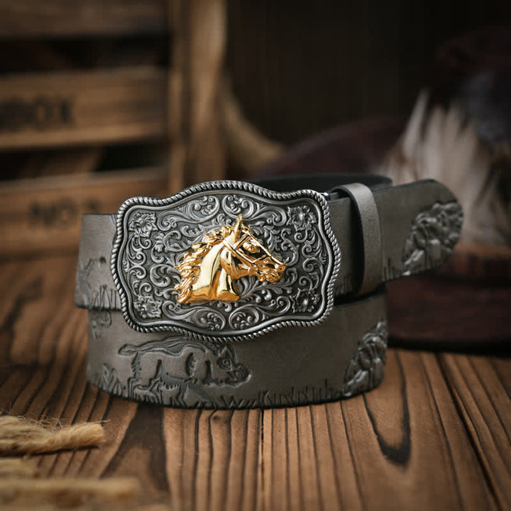 Ceinture en cuir à motif tête de cheval doré de style cow-boy