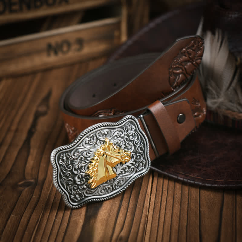 Ceinture en cuir à motif tête de cheval doré de style cow-boy