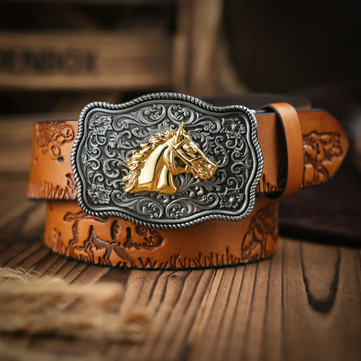 Ceinture en cuir à motif tête de cheval doré de style cow-boy