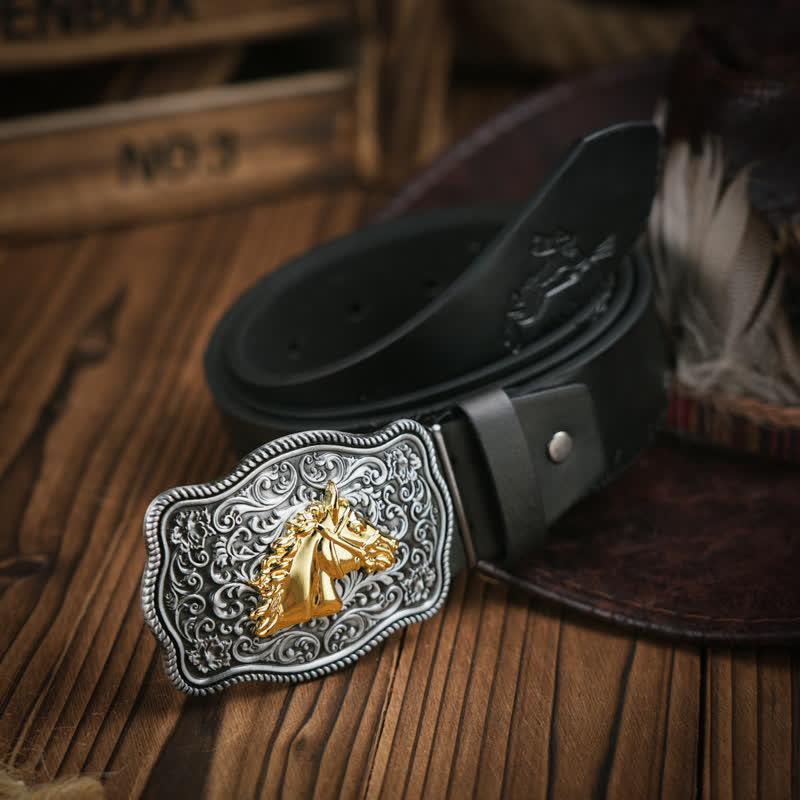 Ceinture en cuir à motif tête de cheval doré de style cow-boy