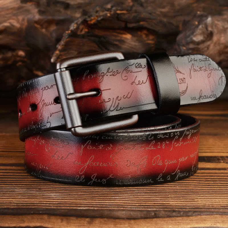 Ceinture en cuir à motif de lettres rétro en relief, quatre couleurs disponibles