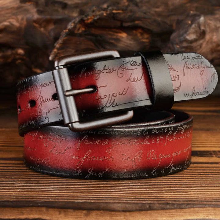Ceinture en cuir à motif de lettres rétro en relief, quatre couleurs disponibles