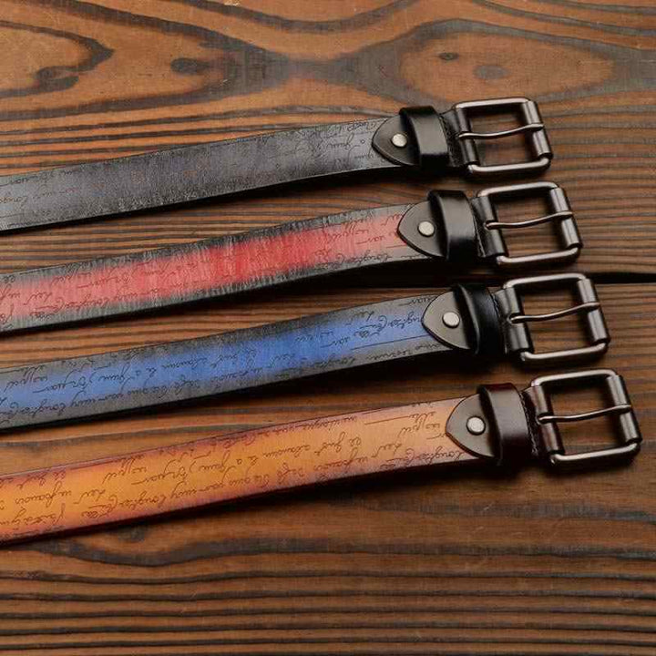 Ceinture en cuir à motif de lettres rétro en relief, quatre couleurs disponibles