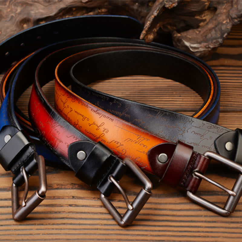 Ceinture en cuir à motif de lettres rétro en relief, quatre couleurs disponibles