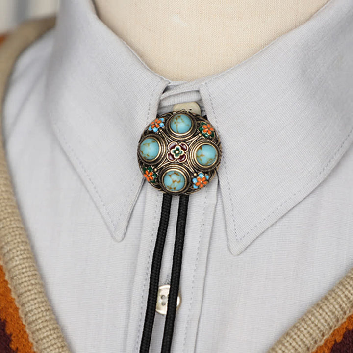 Cravate bolo en émail bleu turquoise antique avec fleur