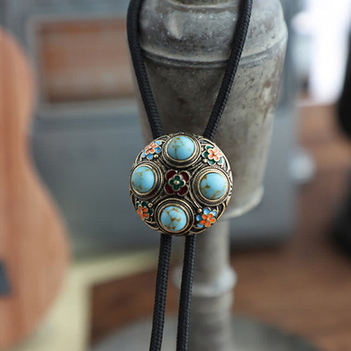 Cravate bolo en émail bleu turquoise antique avec fleur