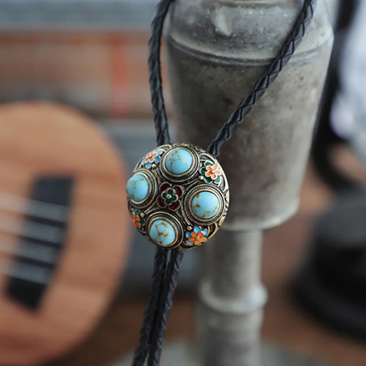 Cravate bolo en émail bleu turquoise antique avec fleur