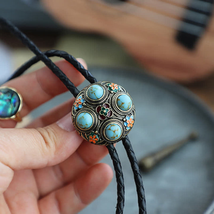 Cravate bolo en émail bleu turquoise antique avec fleur