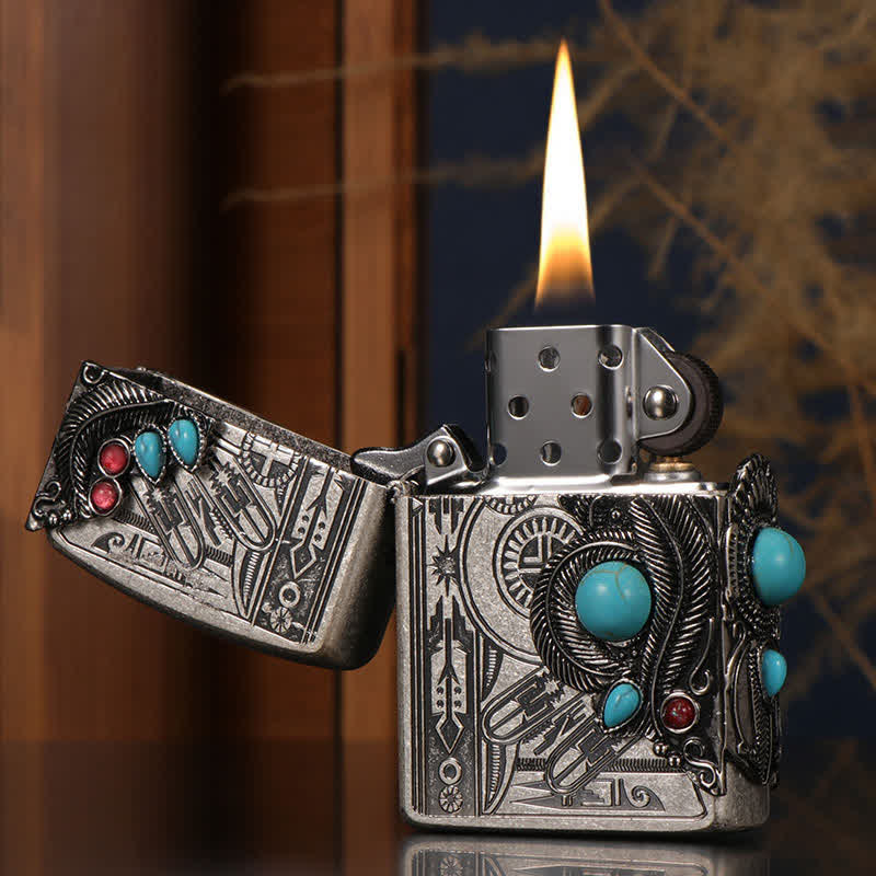 Briquet à pétrole rechargeable bleu turquoise à plumes indiennes