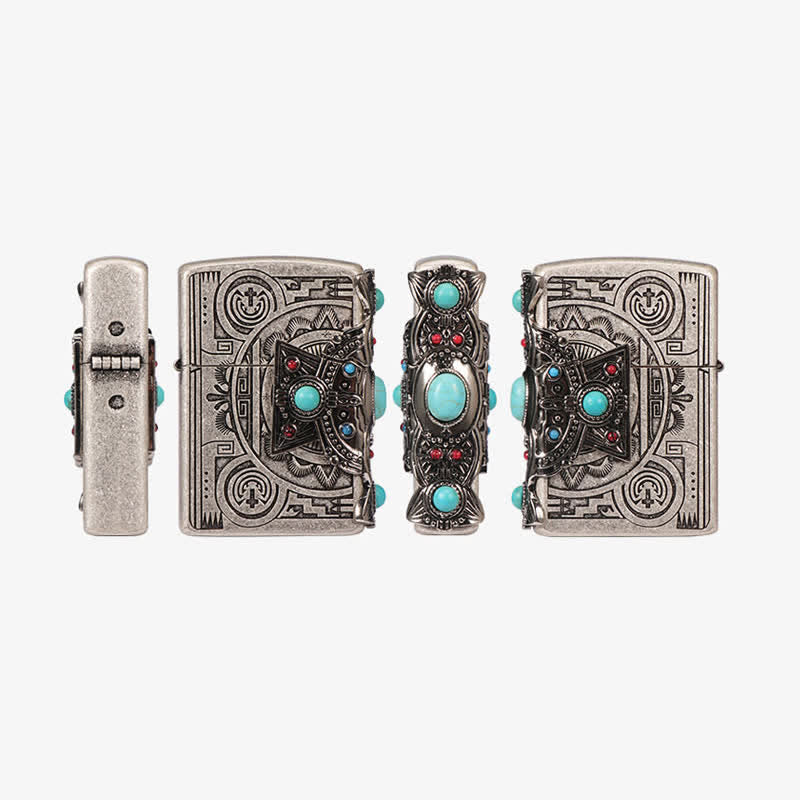 Briquet à pétrole rechargeable bleu turquoise à plumes indiennes