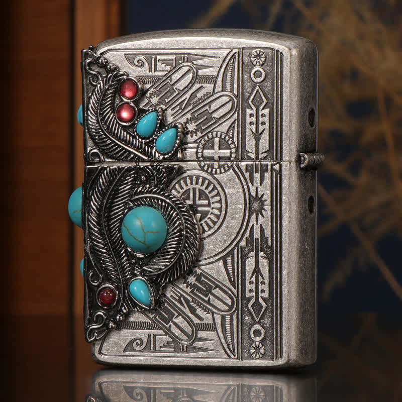 Briquet à pétrole rechargeable bleu turquoise à plumes indiennes