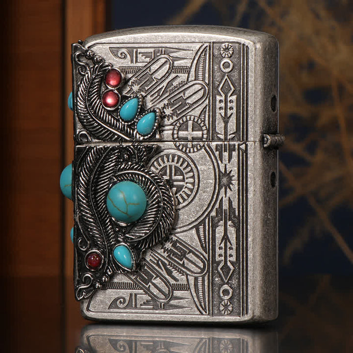 Briquet à pétrole rechargeable bleu turquoise à plumes indiennes