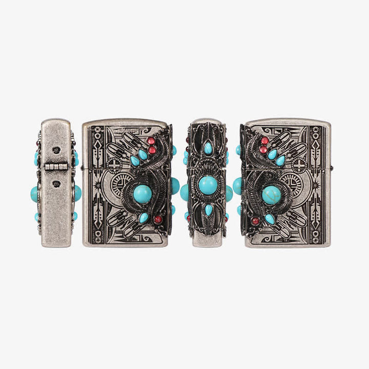 Briquet à pétrole rechargeable bleu turquoise à plumes indiennes