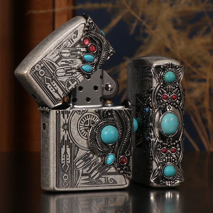 Briquet à pétrole rechargeable bleu turquoise à plumes indiennes
