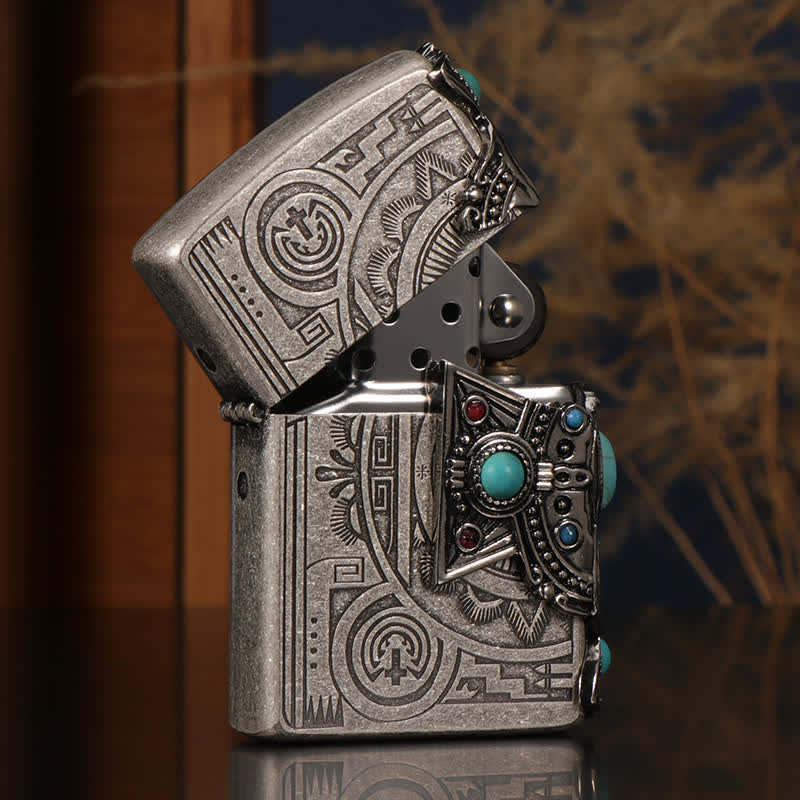 Briquet à pétrole rechargeable bleu turquoise à plumes indiennes