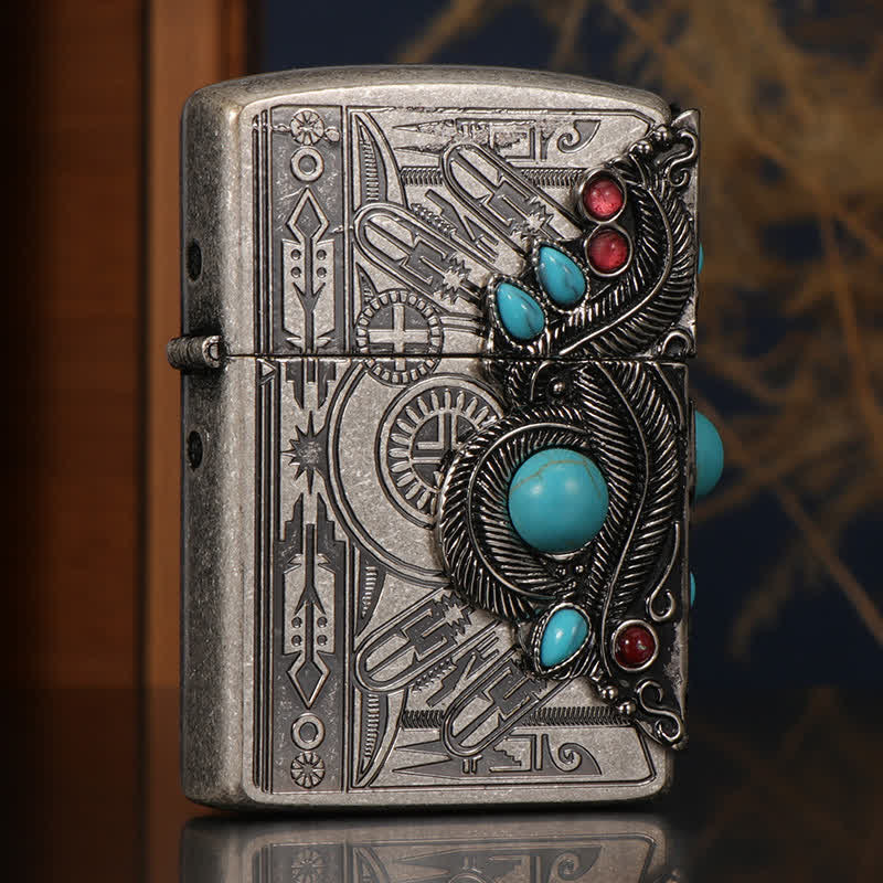 Briquet à pétrole rechargeable bleu turquoise à plumes indiennes