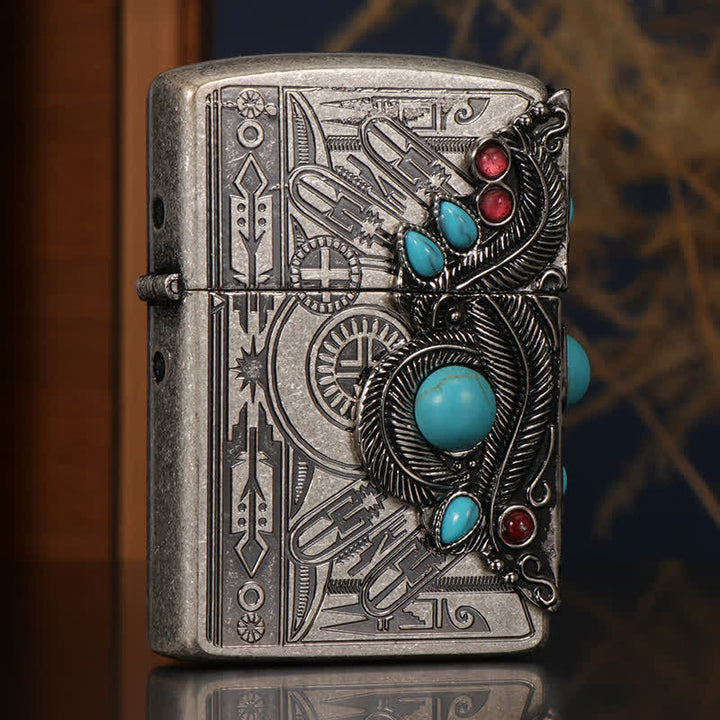 Briquet à pétrole rechargeable bleu turquoise à plumes indiennes