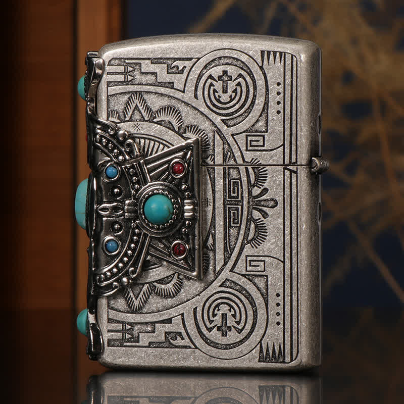 Briquet à pétrole rechargeable bleu turquoise à plumes indiennes